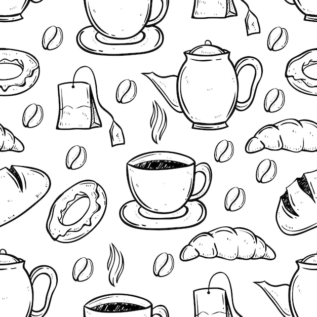 tiempo de té y café con arte del doodle en patrones sin fisuras