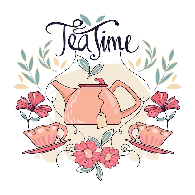 Vector tiempo de té de palabras con lindo juego de té y flor