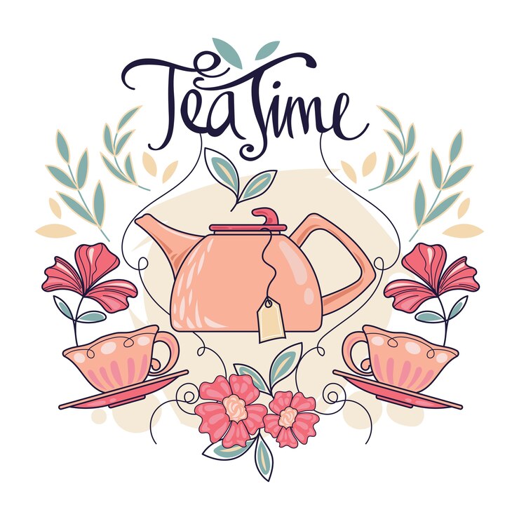 Tiempo de té de palabras con lindo juego de té y flor