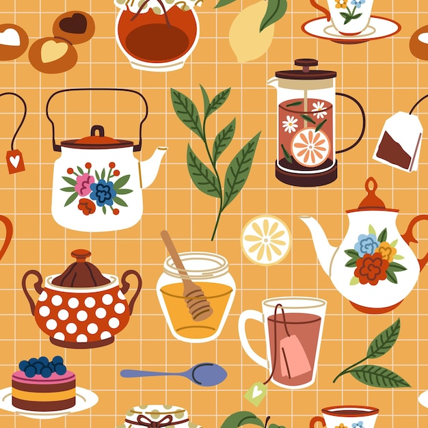 Tiempo de té patrón sin costuras desayuno sabroso dulces y postres con bebidas calientes tazas y tazas de cerámica pasteles dulces mermelada y miel tetera y tetera decoración textil limpia impresión vectorial