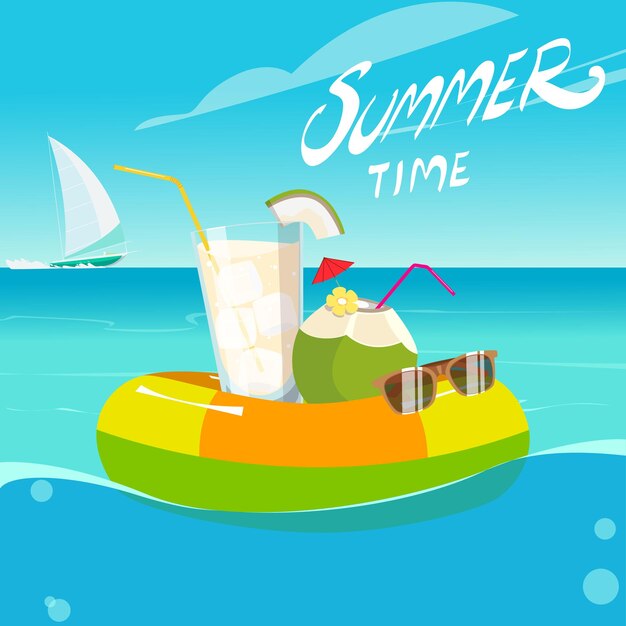 tiempo de verano ilustración vectorial mar flotante bebida cóctel gafas de sol coco yate de vela