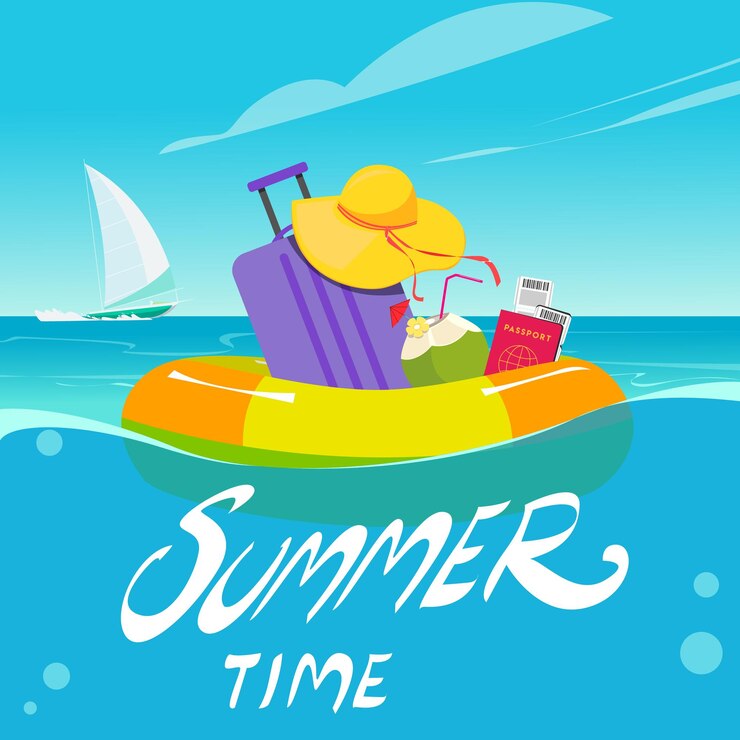 tiempo de verano ilustración vectorial mar flotante equipaje pasaporte coco yate de vela