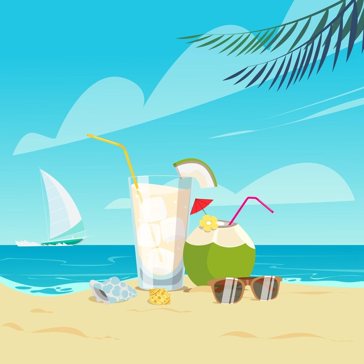 tiempo de verano vector ilustración conchas vaso de paja bebidas coco yate de vela