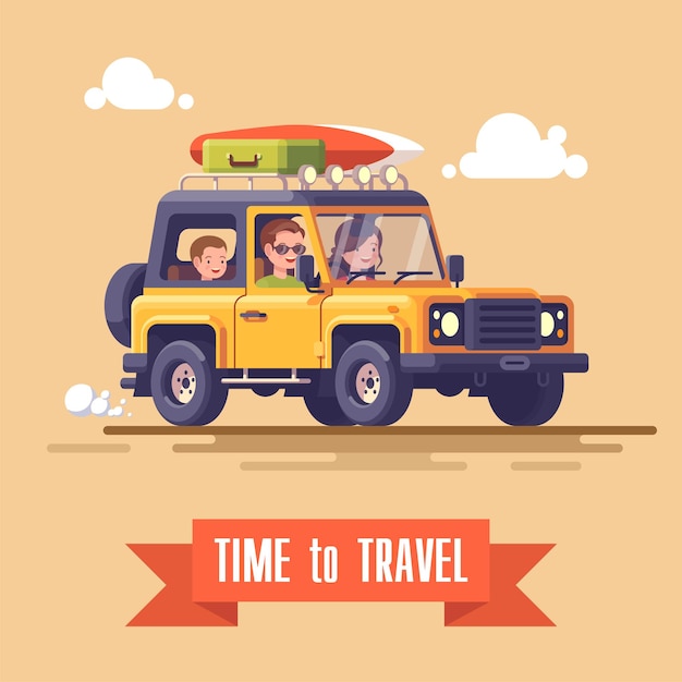 Vector tiempo para viajar concepto de dibujos animados familia plana viajando en camión de viaje ilustración vectorial