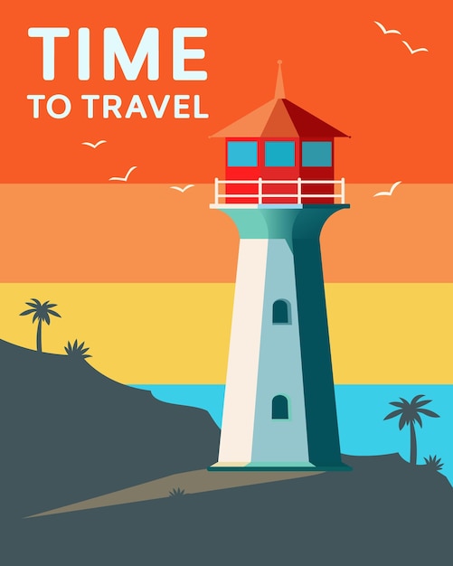 Tiempo para viajar concepto puesta de sol en la costa del mar y un faro en primer plano