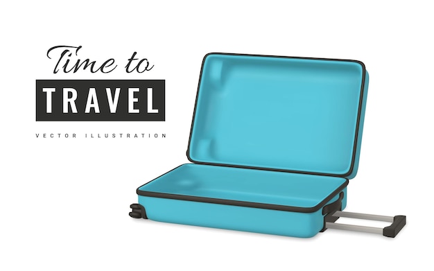 Tiempo para viajar diseño de banner promocional Bolsa de carrito de viaje 3D Maleta de plástico abierta realista Símbolo de turismo aislado sobre fondo blanco Ilustración vectorial