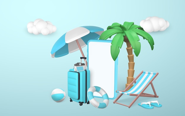 Tiempo para viajar diseño de banner promocional Objetos vectoriales de renderizado realista 3d de verano Viajes de verano Vector