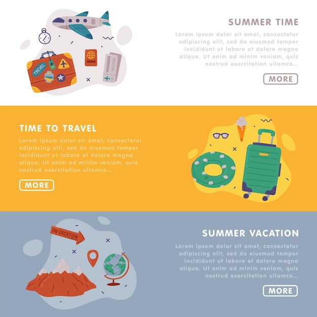 Tiempo para viajar plantillas de página de aterrizaje establecer viaje de verano en vacaciones viaje destino aventura