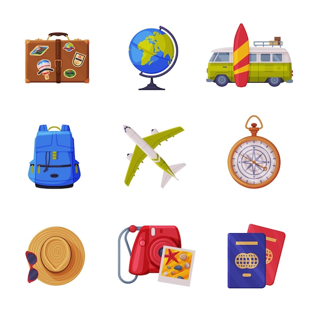 Tiempo de viaje con atributos turísticos como el globo aéreo y el conjunto vectorial de la mochila
