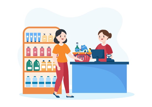 Tienda de abarrotes o supermercado con productos alimenticios o frutas y bebidas para ir de compras en la ilustración