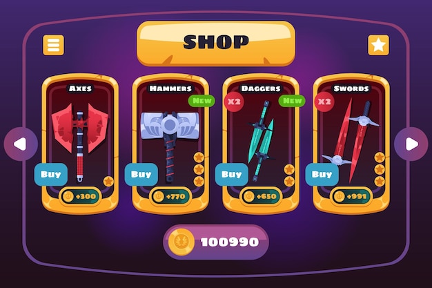 Tienda de armas de juegos Panel de menú de la tienda Fantasy rpg con equipo de daga de espada medieval y marco de interfaz de usuario de precio concepto de juego de roles Ilustración vectorial