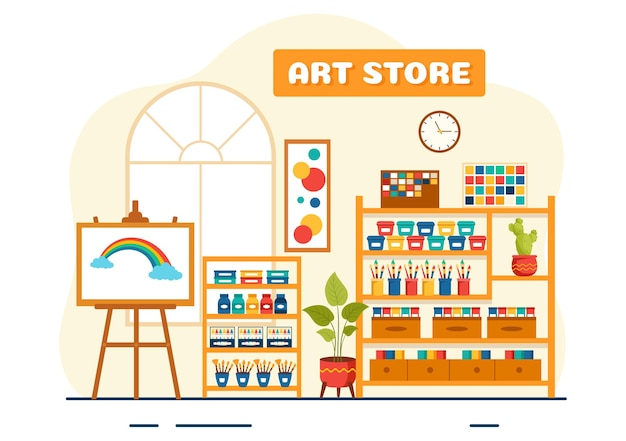 Tienda de arte Ilustración vectorial con suministros de pintura Tienda de accesorios y herramientas para artistas de dibujo