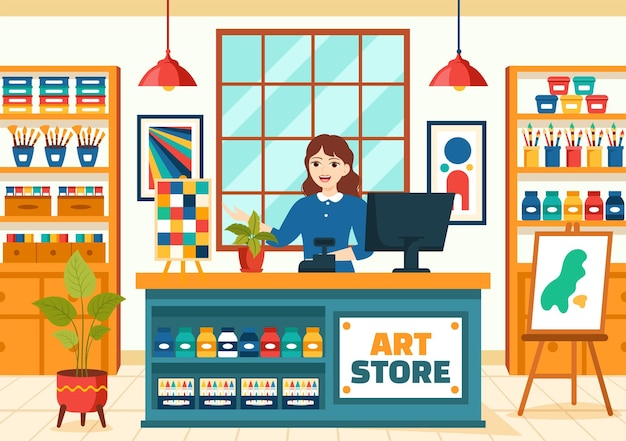 Vector tienda de arte ilustración vectorial con suministros de pintura tienda de accesorios y herramientas para artistas de dibujo