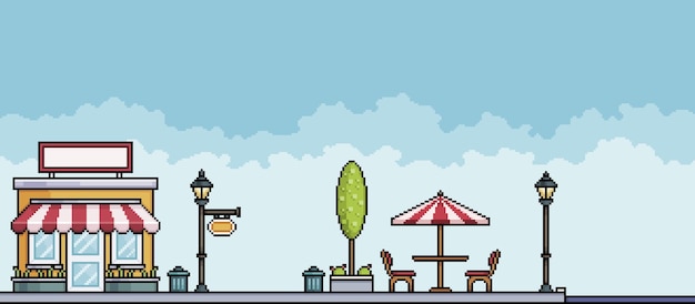 Tienda de arte de píxeles en la plaza del parque con postes de árboles y mesa fondo de paisaje urbano para juego de 8 bits