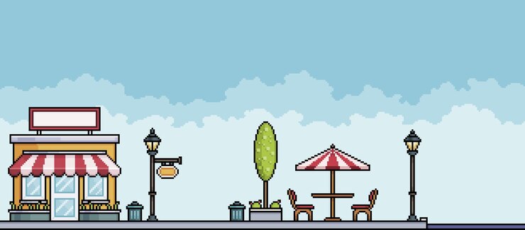 Vector tienda de arte de píxeles en la plaza del parque con postes de árboles y mesa fondo de paisaje urbano para juego de 8 bits