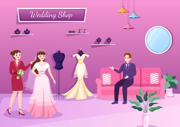 Tienda de bodas con joyas hermosos vestidos de novia y accesorios adecuados para póster en ilustración