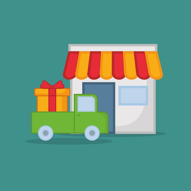 tienda y camión con caja de regalo