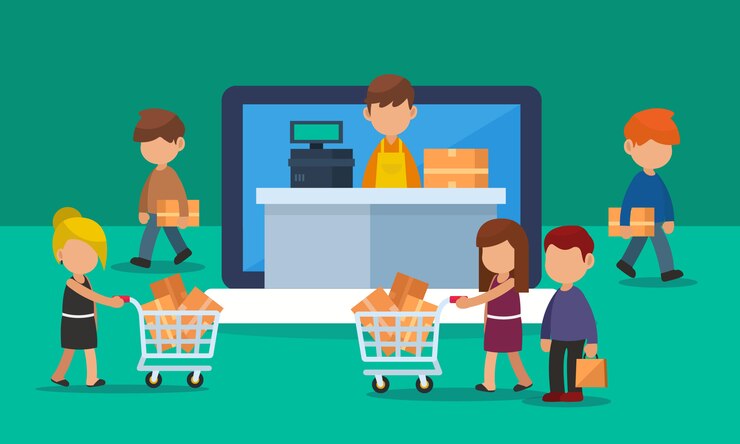 Vector tienda comercial en línea en una computadora portátil o computadora con tráfico de clientes. ilustración