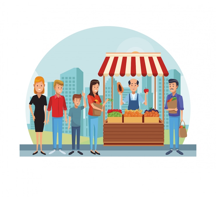 Vector tienda de comestibles en la ciudad