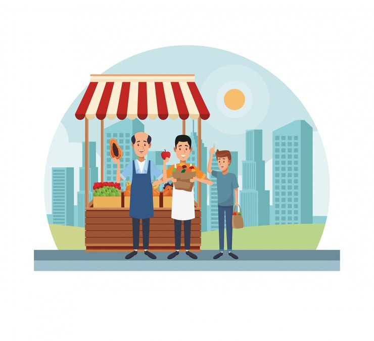 Vector tienda de comestibles en la ciudad