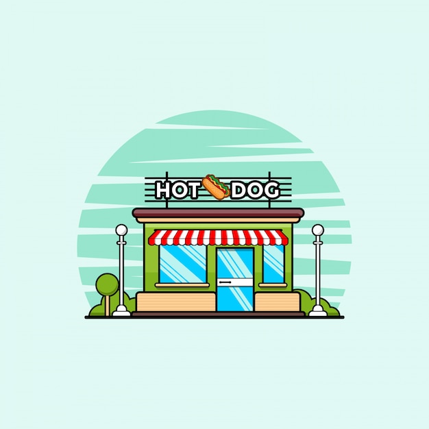 Vector tienda de comida rápida con ilustración de imágenes prediseñadas de hotdog. concepto de imágenes prediseñadas de comida rápida aislado. vector de estilo de dibujos animados plana