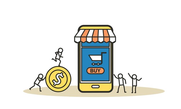 Tienda de compras de ilustración de producto inteligente de visualización de vector de compra minorista La gente compra tienda de bolsa de tienda