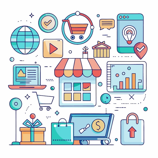 Tienda de compras en línea con múltiples iconos que representan diferentes aspectos del comercio electrónico
