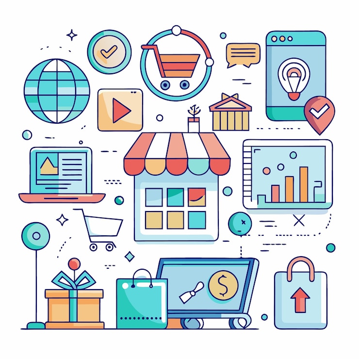 Vector tienda de compras en línea con múltiples iconos que representan diferentes aspectos del comercio electrónico