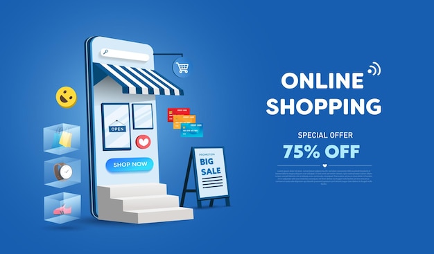 Tienda de compras online y diseño de teléfonos móviles. concepto de marketing empresarial inteligente. vista horizontal.