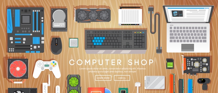Vector tienda de computadoras. varias partes de la computadora están sobre la mesa.