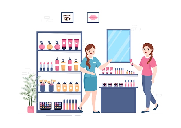 Tienda de cosméticos con elección de productos de belleza y cuidado de la piel para niñas en ilustración plana de dibujos animados