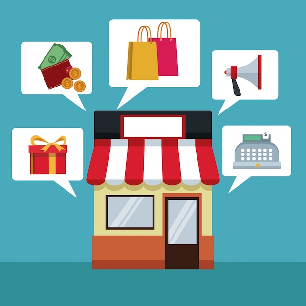 con tienda y cuadro de diálogo con elementos de compras en línea