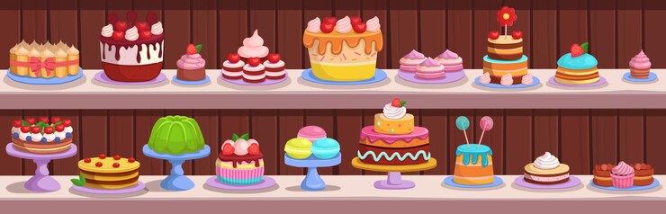 Vector la tienda de dulces pastelería y pastelería pasteles y pasteles están en los estantes conjunto de vacaciones