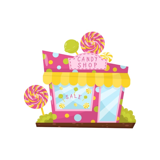 Vector tienda de dulces rosa decorada con piruletas grandes edificio de la ciudad de dibujos animados tienda con letrero gran puerta de vidrio y ventana icono de vector plano