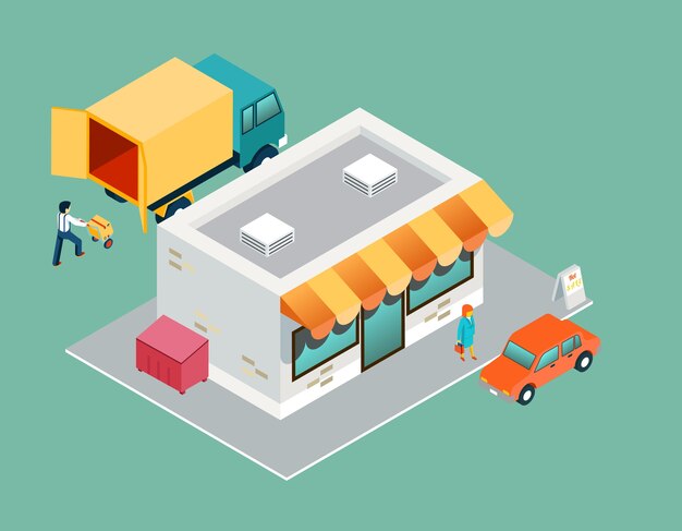 Tienda y entrega vista lateral superior 3d isométrica. Venta y compra, servicio comercial, logística de procesos, soporte al comprador.