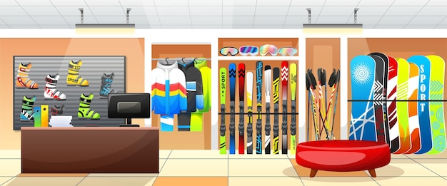 Vector tienda de equipos de deportes de invierno o interior de la tienda alquiler de equipos de esquí de montaña y snowboard elementos para actividades de montaña de la estación de esquí actividades de invierno boutique interior ilustración vectorial