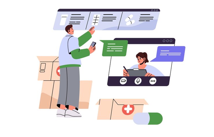 Vector tienda farmacéutica en línea servicio médico cliente compra píldoras medicamentos por videollamada farmacéutico médico prescribe remedio al paciente en internet ilustración de vector aislado plano en fondo blanco