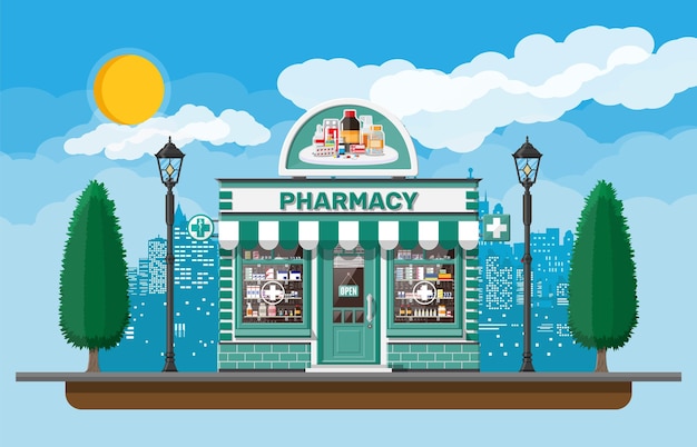 Tienda de farmacia de fachada con letrero. exterior de la farmacia. medicina píldoras cápsulas botellas vitaminas y tabletas en el escaparate. edificio de la tienda de escaparate, paisaje urbano de la naturaleza. ilustración vectorial plana