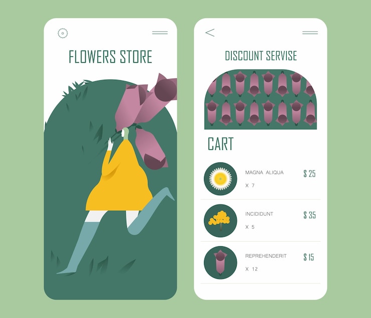 Vector tienda de flores en línea plantilla de aplicación móvil ui ux elementos de diseño gui