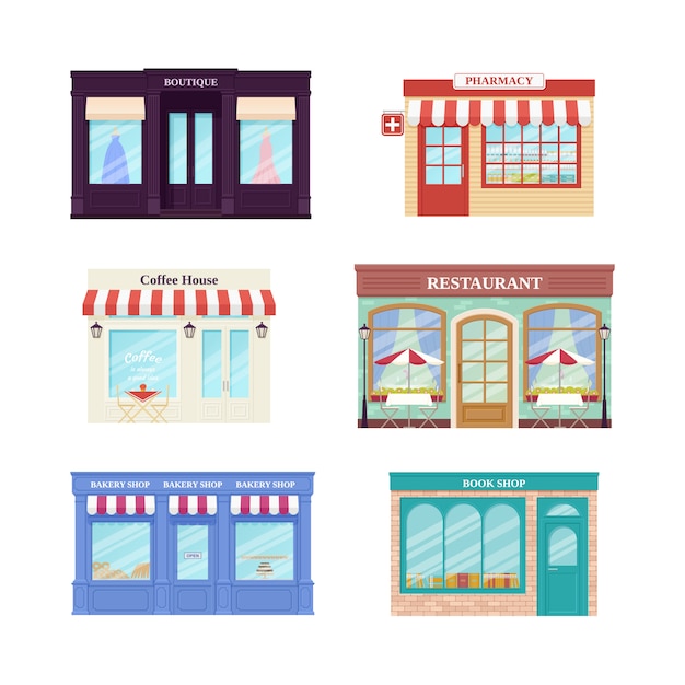 Tienda, frente de tienda. . Escaparates boutique, cafetería, restaurante, farmacia, panadería y librería. Establecer fachada edificios minoristas aislados en piso. Ilustración de dibujos animados Arquitectura de la calle