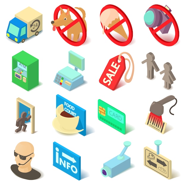 Tienda de iconos de alimentos de navegación establecidos. Isopmetric cartoon illustration of 16 iconos de vector de alimentos de navegación de tienda para web