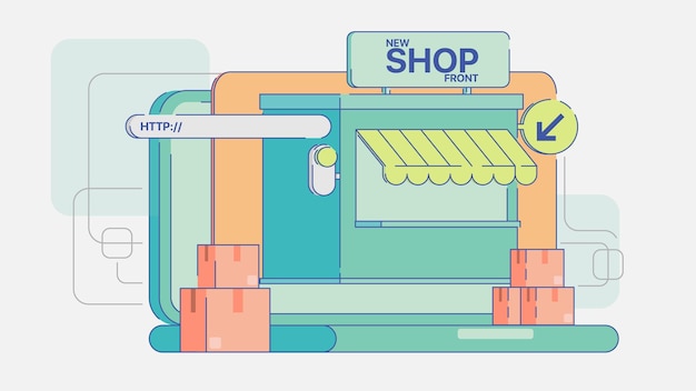 Tienda de ilustración con múltiples elementos de comercio electrónico.
