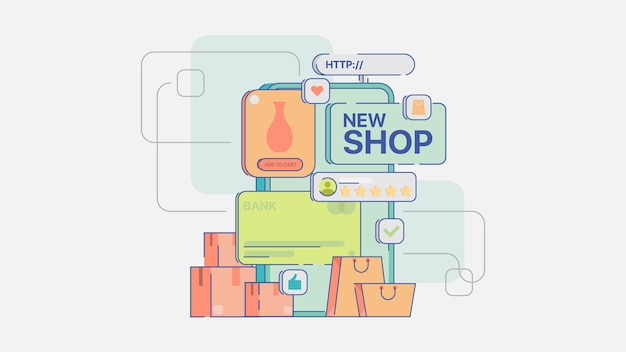 Tienda de ilustración con múltiples elementos de comercio electrónico.