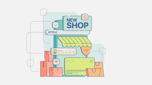 Tienda de ilustración con múltiples elementos de comercio electrónico.