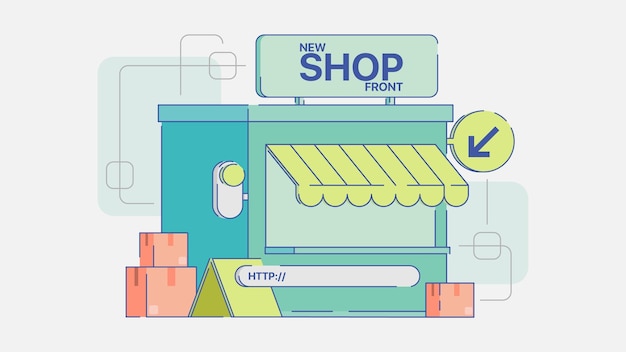 Tienda de ilustración con múltiples elementos de comercio electrónico.