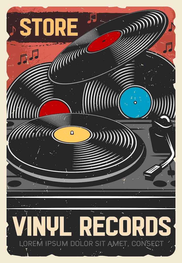 Vector tienda de instrumentos musicales y discos de vinilo