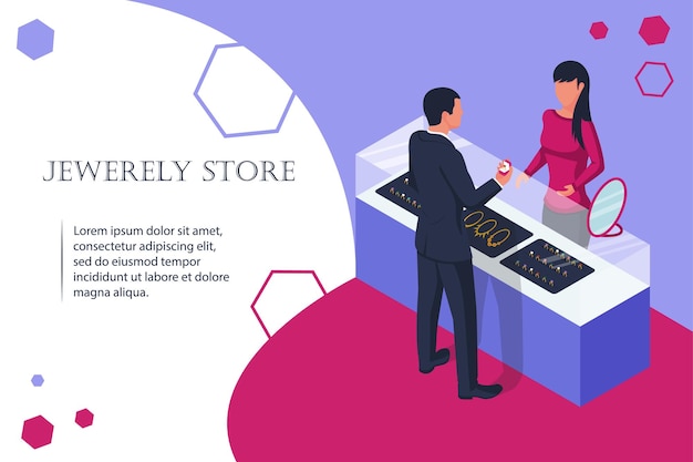 Tienda de joyas El hombre compra un anillo de bodas en la tienda Diseño plano de ilustración vectorial Fondo aislado Plantilla de banner web para diseño y promoción Venta de joyas Escaparate en la tienda para comprar oro