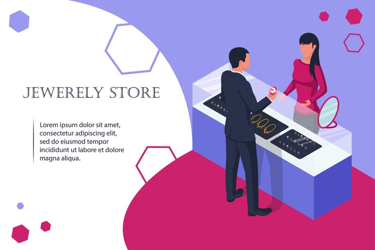 Vector tienda de joyas el hombre compra un anillo de bodas en la tienda diseño plano de ilustración vectorial fondo aislado plantilla de banner web para diseño y promoción venta de joyas escaparate en la tienda para comprar oro