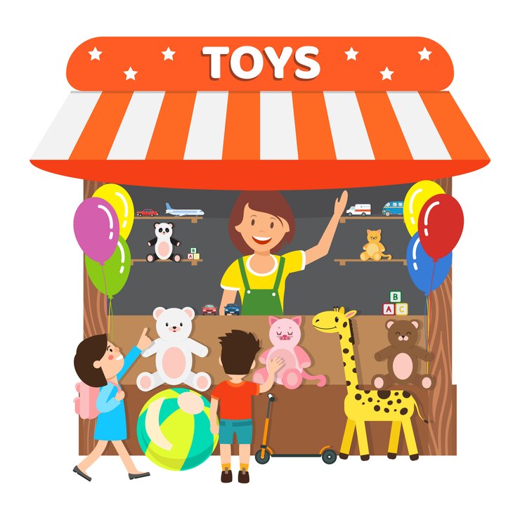 Tienda de juguetes, tienda de regalos, ilustración vectorial plana
