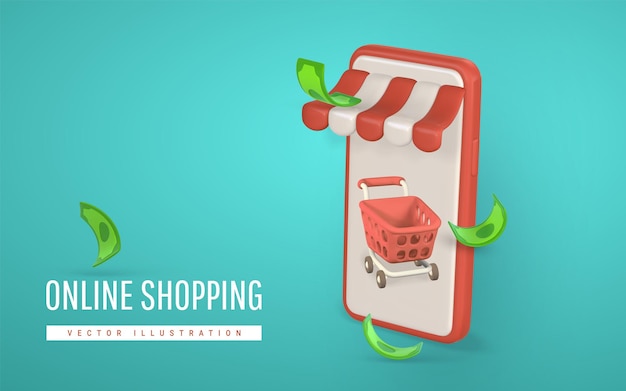 Tienda en línea 3d Smartphone con dosel de tienda a rayas cesta de compras Ilustración vectorial
